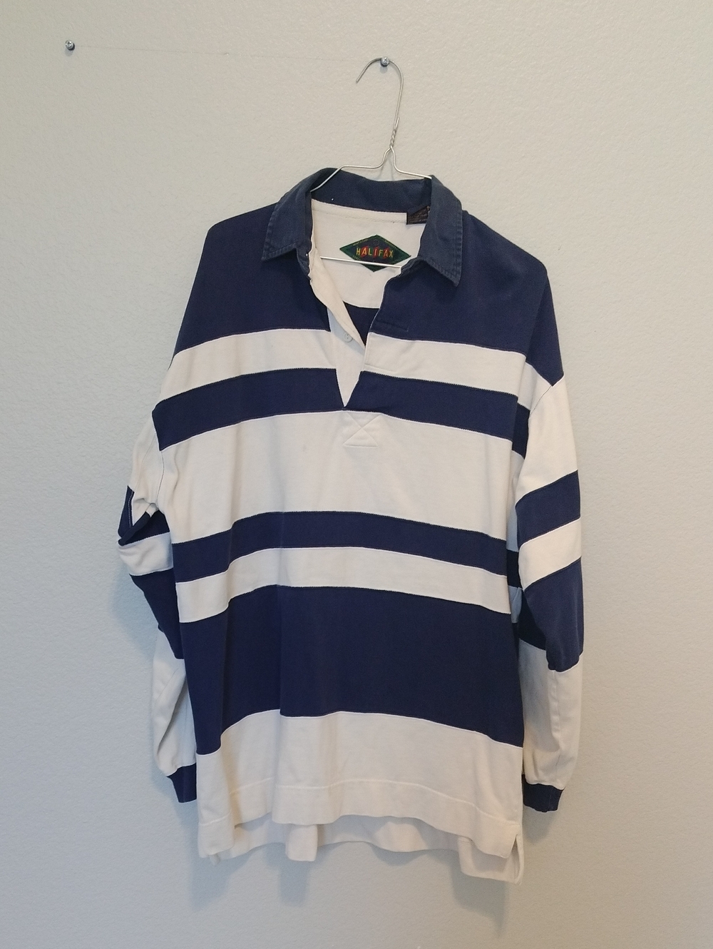 Men's Navy and White Striped Vintage Rugby Shirt